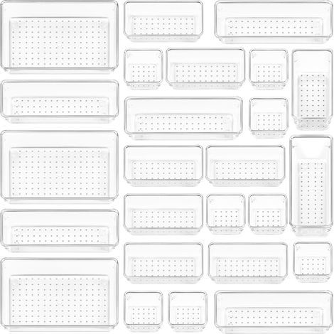 Lot de 25 Organisateurs de Tiroir, Plastique Transparent, 4 Tailles, Antidérapant, Pour Salle de Bain et Bureau (1/5)