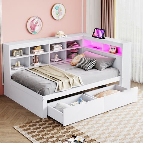 Multifunktionales Massivholzsofa 90x200 cm in Weiß - Einzelbett mit viel Stauraum, Schubladen, Regalen, USB-Steckdose und LED-Beleuchtung (1/5)