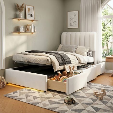 MODFU – Lit enfant 90x200 cm velours beige – Coffre hydraulique et 3 tiroirs – LED – Rangement gain de place – Beige (1/5)