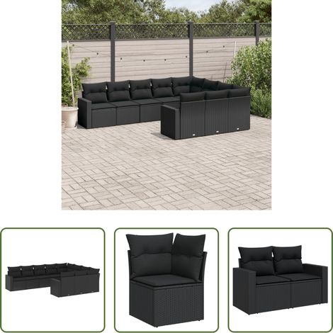 Gartensessel - 10-tlg. Garten-Sofagarnitur mit Kissen Schwarz Poly Rattan (1/5)