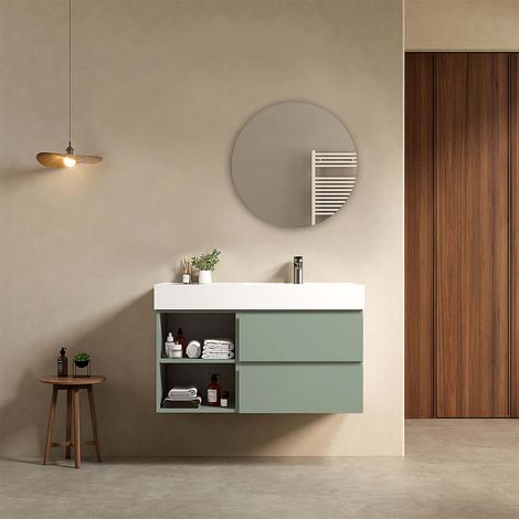 Mobile bagno sospeso 100 cm Verde Salvia Lavabo a Destra in Resina Specchio Tondo - Fiji Paint Plus (1/4)