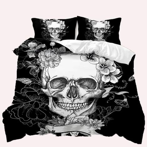Parure de lit gothique - Housse de couette et taie d'oreiller - Impression 3D - Motif tête de mort - Motif : fleurs et crânes peints à la main - 220 x 240 cm - Motif tête de mort rose (1/5)