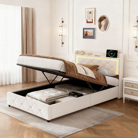 Cama 90x200 cm,cama para adultos, cama individual, cama tapizada, con USB y USB-C, LED ajustable, terciopelo, beige