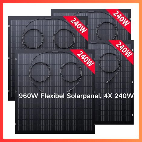 Panneau solaire flexible IP67 monocristallin 240W 19.6VDC, lot de 4 modules PV extérieurs 960W pour système de charge de balcon, camping-car et bateau (1/5)