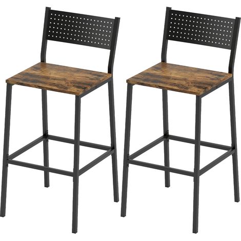 Lot 2 tabourets bar assise 72,5H cm dossier repose-pieds pieds métal, brun rustique (1/5)