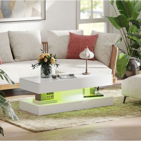 Tavolino da salotto 120x50x42 cm bianco in legno con 2 cassetti, vano aperto e illuminazione LED (1/5)