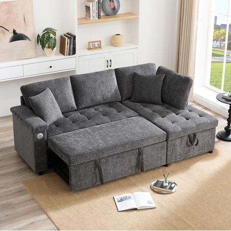 Divano letto angolare a L, estraibile, con vano contenitore, porta USB, grigio scuro HAVRYA (1/5)