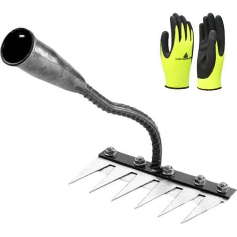 Râteau de désherbage de jardin en acier au carbone à 6 dents avec gants en polyester, râteau de jardin en métal robuste, râteau en fer pour le désherbage du jardin, râteau de jardin, gants enduits de (1/5)