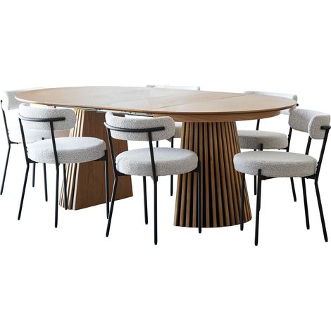Tokyo Essgruppe Esstisch inkl. 2 Einlegeplatten Ø120x120-160-200 cm Eichenfurnier und 6 Stühle Bouclé Weiß. (1/5)
