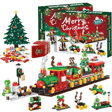 Calendrier de l'Avent en train de Noël, Train de Noël en briques, Décorations de Noël, Modèle de train, avec lumières LED, 24 cadeaux, 777 pièces