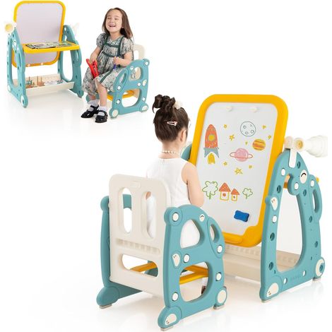 COSTWAY Juego de Mesa y Silla para Niños con Pizarra Blanca Ajustable de 3 Niveles, telescopio y Juego de Lanzamiento de Anillos, Canasta de Almacenamiento, Marcadores, Anillos y Borrador (1/5)