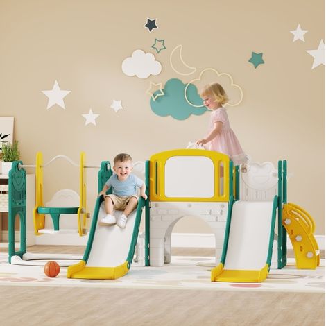 Aire de jeux 9 en 1 avec toboggans et balançoire enfant, HDPE, 250 x 150 x 94 cm, jaune HAVRYA (1/3)