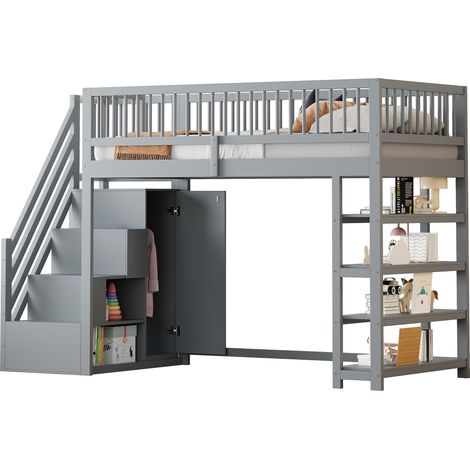 Lit mezzanine 90x200 haute avec penderie étagères et rangement avec échelle d'escalade  Lit jeune en bois massif gris (1/5)