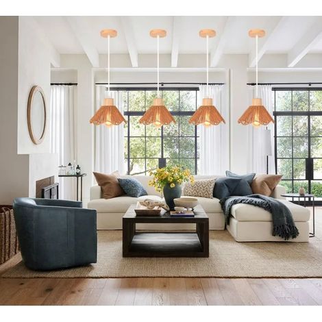 4x Suspension Luminaire Industruel,33cm Lustre Vintage Abat-jour en Rotin Design Fleur Plafonnier Retro pour Salon Chambre (1/5)