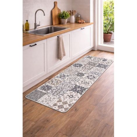 Tapis de cuisine décoratif motif carreaux 45 x 120 cm gris (1/3)