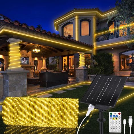 Tuyau LED solaire extérieur (diamètre : 5,5 mm), 30 m, 1200 LED, blanc chaud, avec fonction de charge USB et télécommande, guirlande lumineuse solaire LED pour extérieur, fête, jardin, balcon (1/5)