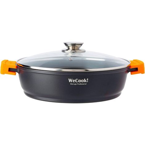 Casserole Basse, Induction, Couvercle en Verre 28cm, Antiadhésive sans PFOA, Fonte d'Aluminium, Épaisseur 5 mm, Poignées en Silicone, Vitrocéramique, Gaz, Four (1/5)