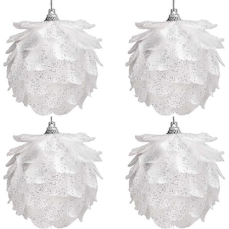 Boules de Noël en forme de pomme de pin (lot de 4) - Grandes boules de Noël blanches à paillettes en forme de pomme de pin avec ficelle - Décoration de Noël blanche à suspendre pour sapin et couronnes (1/5)