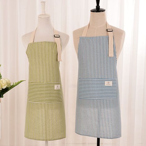 2 Pièces Tablier Femme, Tablier en Coton et Lin, Tablier de Cuisine, Tablier de Nettoyage, Ajustable(Vert + Bleu) (1/5)