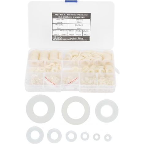 Kit d'assortiment de 600 rondelles plates en nylon blanc, 9 tailles (M2 à M12), visserie et outils (1/5)