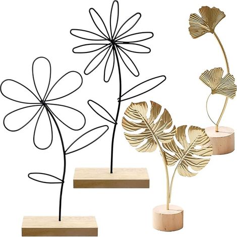 Fleur Décorative Métal à Poser, Présentoir Fleur, Feuilles Monstera/Ornements Feuilles Ginkgo Dorées Bureaux/Salons/Chambres (Noir, Or) (1/5)