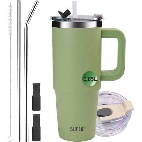 Isolierter Reisebecher 850ml mit Griff, Vakuum Edelstahl Thermobecher mit Strohhalm und Deckel (1/5)