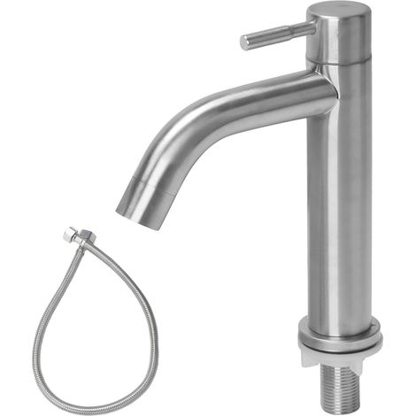 Kaltwasserhahn aus Edelstahl, Kaltwasser-Waschtischarmatur mit Schlauch, Waschtischmischer, Badewannenarmatur für Gäste-WC, Badezimmer, einfache Installation (gebogene Auslassöffnung) (1/5)