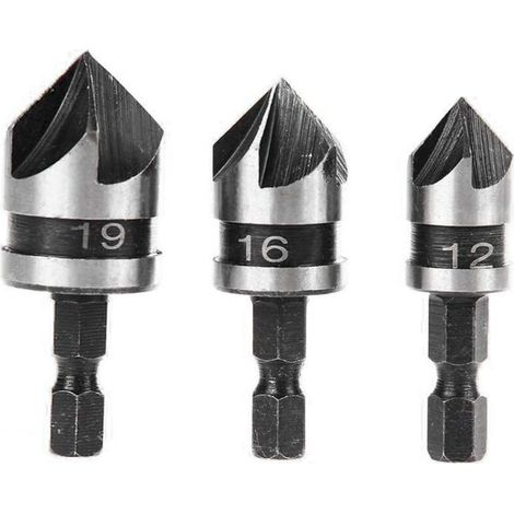 3pcs 90 Degrés 5 Flûte Fraises à Chanfreiner Set Pour Bois, Métal Changement Rapide 1/4" Hex Foret à Chanfreiner en Acier au Carbone Outil de Coupe de Chanfreinage de Bois 12/16/19mm (1/4)