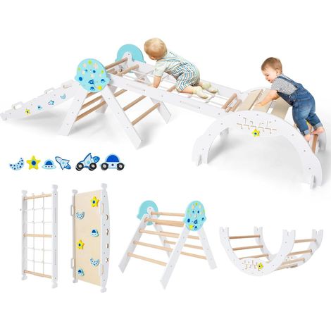 COSTWAY 8 in 1 Set da Arrampicata per Bambini, Giocattoli da Arrampicata in Legno con Triangolo Arco Rampa e Corda, Giochi Montessori per Bambini 1 Anni + (Astronauta 4 pezzi, Bianco) (1/5)