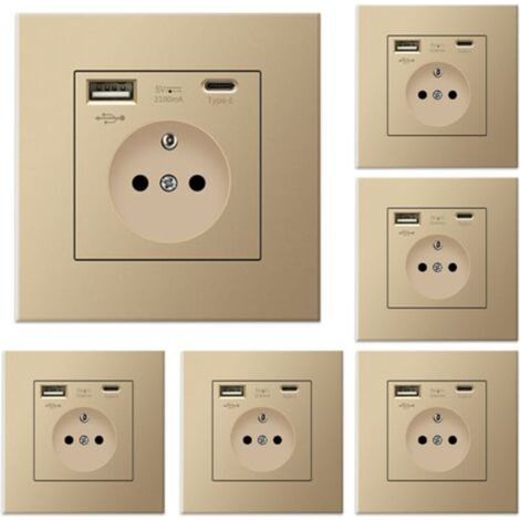 Lot de 6 prises murales avec USB et Type-C, 5 V 2,1 A, prise USB encastrée standard UE, multiprise française, 110-250 V (Doré) (1/5)