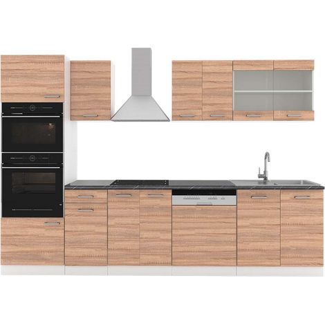 Mueble de cocina R-Line, Sonoma/Blanco, 300 cm con armario alto, ET Antracita, Vicco