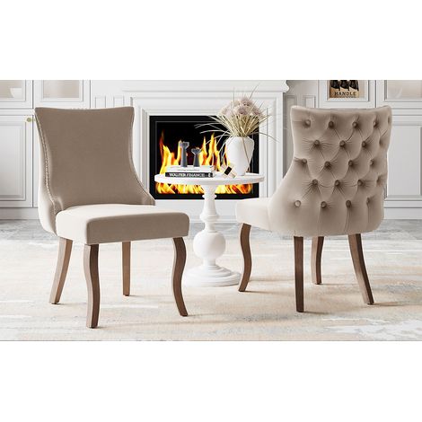 Lot de 2 chaises de salle à manger,dossier avec coutures boutons,rembourrée,bordure cloutée,housse velours,pieds courbés bois massif,beige.