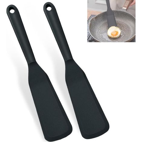 2-teiliger hitzebeständiger Pfannkuchenspatel, drehbarer Antihaft-Silikonspatel, spülmaschinenfest, zum Backen, Kochen und für Omeletts, Schwarz, 25,4 cm (1/5)