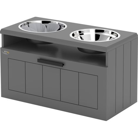 Großer Futterautomat für Hunde, 2 Edelstahlnäpfe, Aufbewahrungsschublade, Futterstation für Haustiere, MDF, Stahl, grau