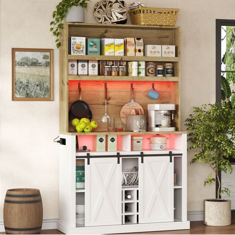 Credenza cucina 110x40x191 cm, con vetrina, prese USB e LED RGB, MDF bianco naturale (1/5)