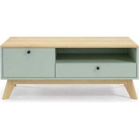 Table basse rectangulaire avec tiroir, porte et niche ouverte, plateau MDF mélaminé vert clair, rangement pratique et entretien facile pour salon moderne - CHICFURN (1/5)
