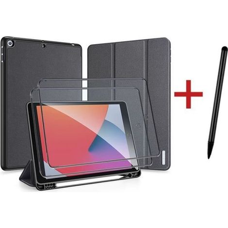 Coque iPad 8 10.2\" 2020 [ 2 Pièces Protecteur D\'écran Verre Trempé +1 stylet ]Protection Étui iPad 8 10.2\" 2020 Noir