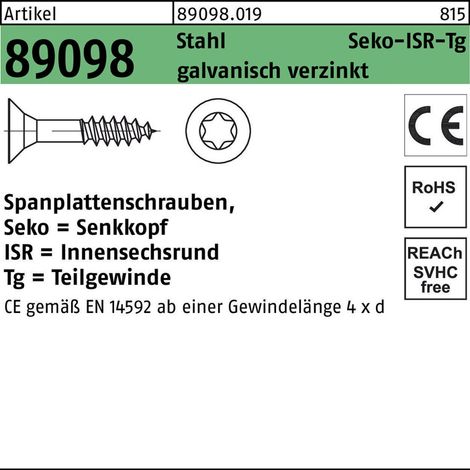Spanplattenschraube R 89098 SEKO Innensechsrund TG 5 x 30/18 -T25Stahl galvanisch verzinkt 500 Stück