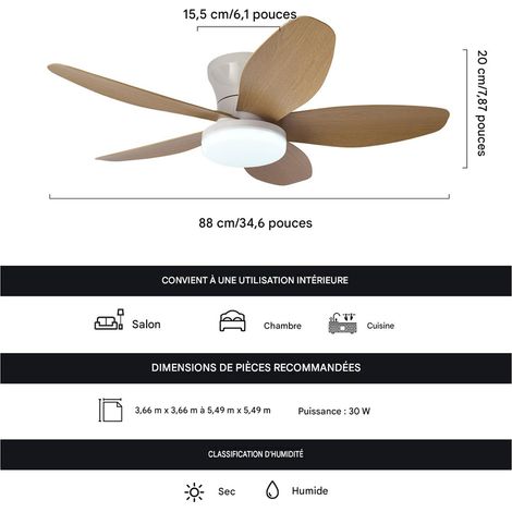 Plafonnier ventilateur LED 36 pouces, moteur silencieux, variation continue, 6 vitesses, télécommande, style moderne, Bois Naturel (1/3)