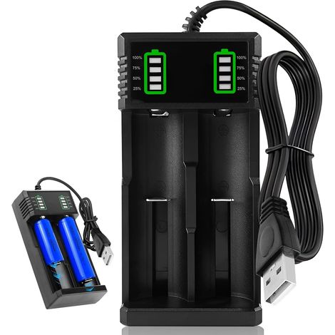 Chargeur Accu 18650 Rechargeables LCD-2 AA Rapide Charge Batterie Li-ION 2 Chargeurs Piles avec Port USB Compatible avec AA AAA 18650 18490 18350 18500 17670 17500 16340 14500 20700 21700 26650 (1/5)