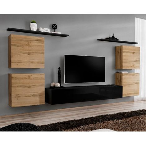 Meuble TV Mural Design "Switch IV" 320cm Naturel & Noir (1/4)
