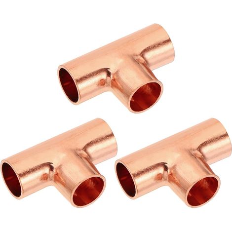12mm ID 1mm Épais Raccord en Té en Cuivre, 3Pcs 99,9% Voies Cuivre Pure Raccord de Tuyau, Connecteur de Tube à Rayon Court avec Connexion Soudée à la Sueur (1/5)