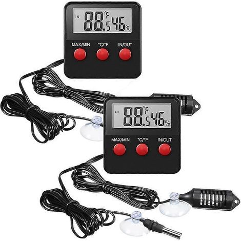 Lot de 2 thermomètres et hygromètres pour reptiles et terrariums, avec sondes, pour une utilisation intérieure et extérieure.