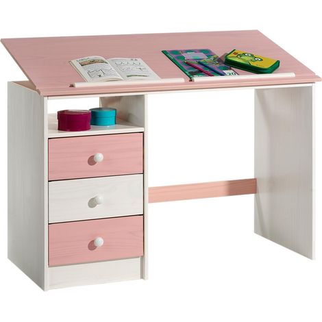 Idimex – Bureau enfant inclinable 73x115x60 cm – Pin massif lasuré blanc et rose – 3 tiroirs et réglette amovible – Pour travail et dessin
