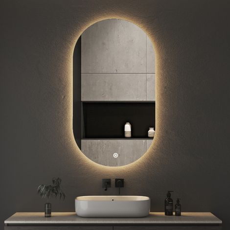 Badspiegel Oval mit Beleuchtung 50 x 90 cm Spiegel mit Licht Ovaler mit Beleuchtung LED Spiegel mit Touch-Schalter, Dimmbar, 3 Lichtfarbe Einstellbare