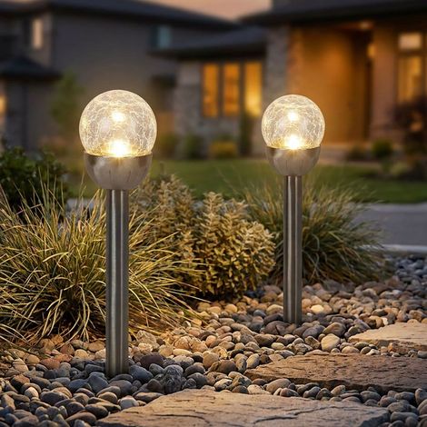 Lampada solare a sfera per esterni, luce a innesto in look vetro rotto, luce da giardino, batteria ricaricabile integrata, acciaio inox, argento, LED, DxH 6x24,5cm, set di 2