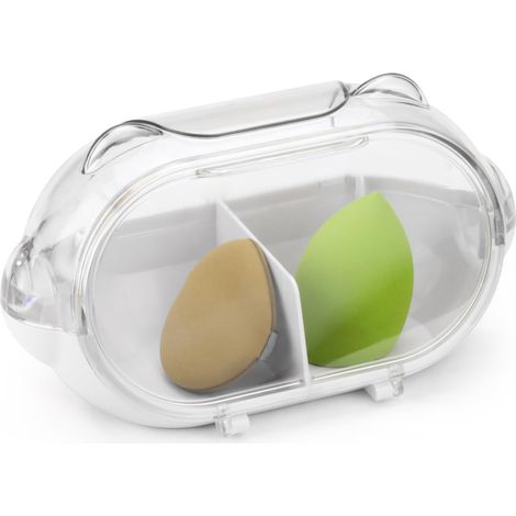 Porte-éponge de maquillage, 2 compartiments avec couvercle avant, organiseur de salle de bain pour mixeur d'éponges de beauté, houppette de visage, boule de coton, cotons-tiges, tampons ronds (1/5)