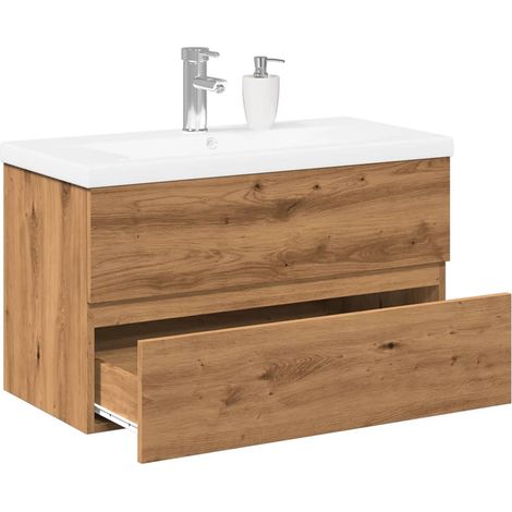 Vidaxl – Meuble lavabo avec vasque intégrée en céramique – Chêne artisanal – Dimensions 80x38,5x45 cm – Tiroir de rangement – Fixation murale