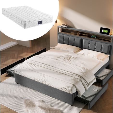 Bett Doppelbett Aufbewahrung 140x200 Leinen Grau OKMYHOME (1/5)