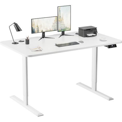 Standing Desk 140CM Electric Height Adjustable Desk Stand Up Home Office Computer Desk T-Shaped Metal Bracket Desk with Wood Tabletop and Memory Settings,White (1/5)